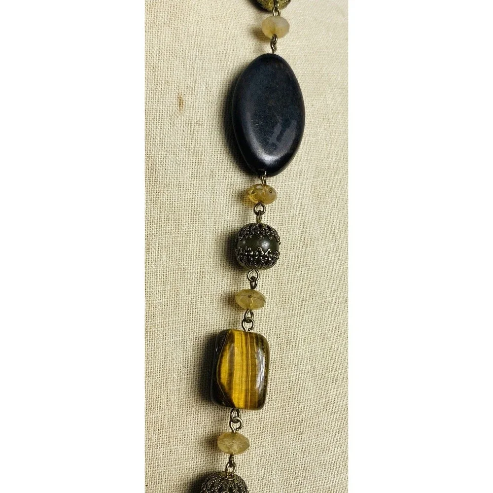 Avon Long Tigers Eye Acrylic Bead Statement Necklace Boho 36” - Picture 3 of 4
